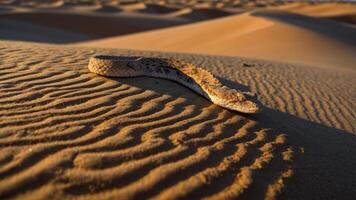 A snake resting on the rippled sand of a desert landscape during golden hour. photo