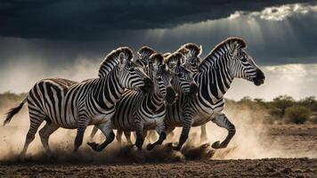 A dynamic scene of zebras running through dusty terrain under dramatic lighting. photo