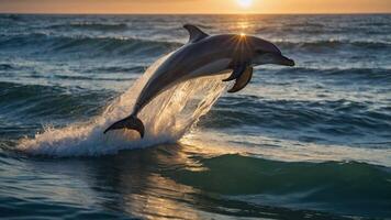 A dolphin leaps gracefully from the ocean at sunset, creating a beautiful natural scene. photo
