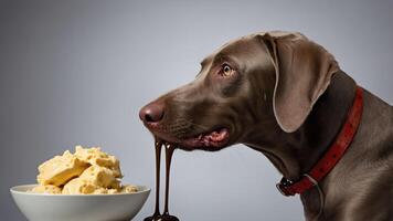 A dog curiously looks at a bowl of ice cream with chocolate sauce dripping from its mouth. photo