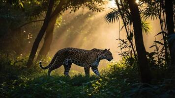 A leopard walks through a misty forest, illuminated by soft sunlight. photo