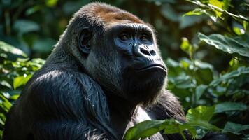 A close-up of a gorilla in a lush green environment, showcasing its serene expression. photo
