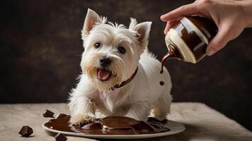 A playful dog interacts with chocolate on a plate, creating a whimsical scene. photo