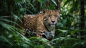 A jaguar stealthily navigating through dense jungle foliage. photo