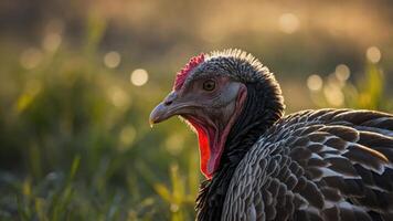 A close-up of a turkey showcasing its distinctive features in a natural setting. photo