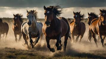 A group of wild horses galloping through dust under a dramatic sky. photo