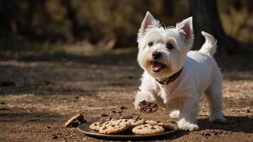 A playful dog enjoys cookies in a natural outdoor setting. photo