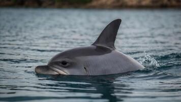 A dolphin swimming in calm water, showcasing its dorsal fin and playful nature. photo