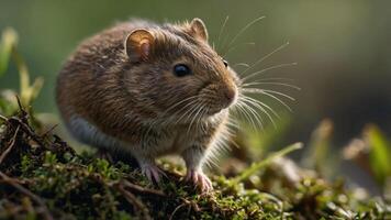 A close-up of a small rodent sitting on moss in a natural setting. photo