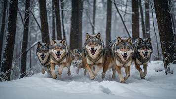A pack of wolves running through a snowy forest, showcasing their strength and agility. photo