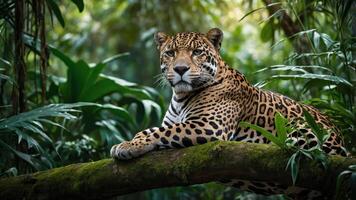 A jaguar resting on a mossy branch in a lush jungle environment. photo
