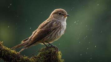 A small brown bird perched on a mossy branch, surrounded by a soft, rainy backdrop. photo