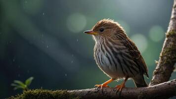 A close-up of a small bird perched on a branch in a serene, natural setting. photo