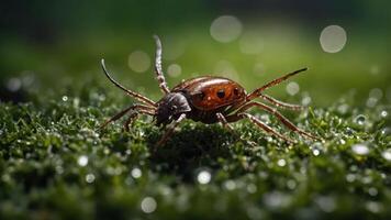 A close-up of a tick on green moss with droplets of water, highlighting its details. photo