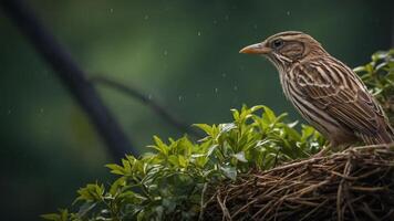 A bird perched on a nest amidst greenery, with raindrops softly falling around it. photo