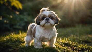 A small Shih Tzu dog stands on grass, illuminated by soft sunlight in a natural setting. photo