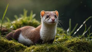 A weasel-like animal resting on mossy ground in a natural setting. photo