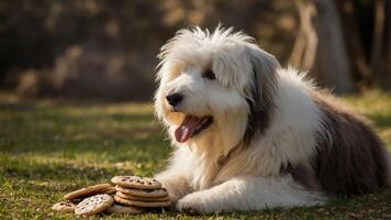 A fluffy dog lounging beside a stack of cookies in a sunny outdoor setting. photo