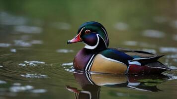 A colorful wood duck swimming gracefully on a calm water surface. photo