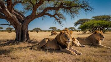 A serene scene of lions resting under a tree in a savannah landscape. photo