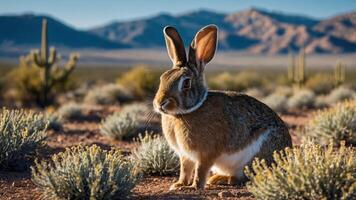 A rabbit sitting in a desert landscape, surrounded by plants and mountains in the background. photo