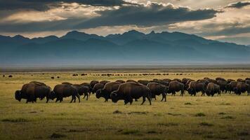 A herd of bison grazing in a vast landscape with mountains in the background. photo