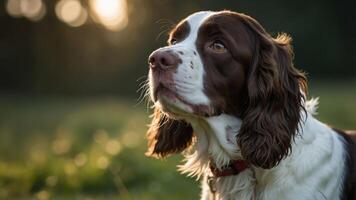 A close-up of a dog with a thoughtful expression in a natural setting. photo