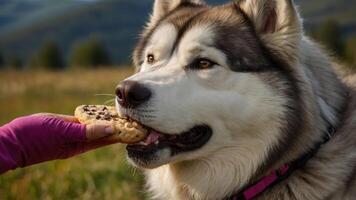 A dog enjoying a cookie offered by a person in a scenic outdoor setting. photo