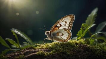 A butterfly perched on mossy ground, illuminated by soft sunlight in a serene environment. photo