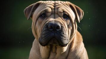 A close-up of a Shar Pei dog with distinctive wrinkles and a serious expression. photo