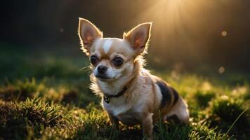 A small Chihuahua sitting in a sunlit grassy field. photo