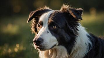 A close-up of a Border Collie with striking fur and expressive eyes in a natural setting. photo
