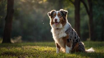 A playful dog sits in a sunlit forest clearing, exuding joy and tranquility. photo