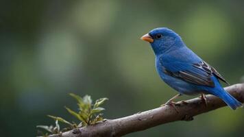 A vibrant blue bird perched on a branch amidst a blurred green background. photo