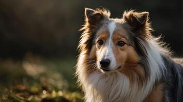 A close-up of a collie dog in a natural setting, capturing its expressive features. photo