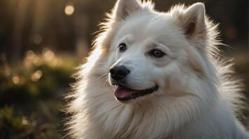A close-up of a fluffy white dog in a natural setting, basking in soft sunlight. photo