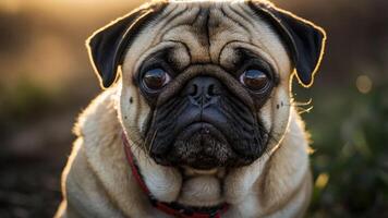 A close-up portrait of a pug dog with expressive eyes against a natural background. photo