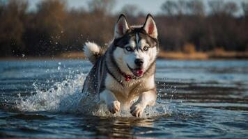 A playful husky dog splashes through water, showcasing its energy and joy in nature. photo