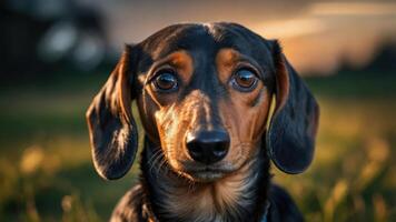 A close-up of a dog with expressive eyes in a natural setting during sunset. photo