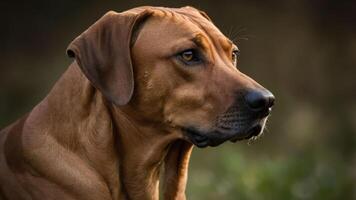 A close-up profile of a brown dog in a natural setting, showcasing its features and expression. photo