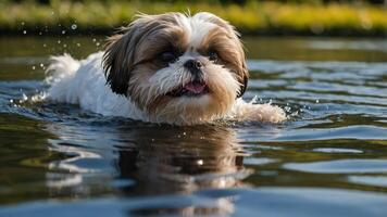 A Shih Tzu dog swimming playfully in a serene body of water. photo