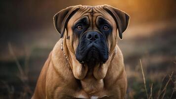 A close-up portrait of a brown dog with expressive eyes in a natural setting. photo