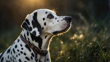 A close-up of a Dalmatian dog in profile, illuminated by warm sunlight. photo