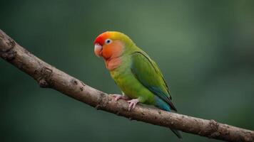 A colorful parrot perched on a branch, showcasing its vibrant feathers against a blurred background. photo