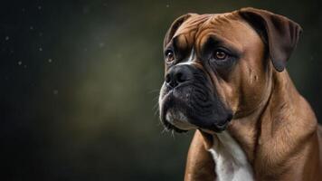 A close-up portrait of a brown Boxer dog with expressive eyes against a blurred background. photo