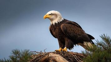 A majestic eagle perched on its nest, showcasing its powerful presence in nature. photo