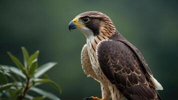 A close-up of a hawk perched on a branch, showcasing its striking features and colors. photo