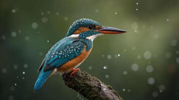 A vibrant kingfisher perched on a branch, surrounded by a soft, blurred background. photo