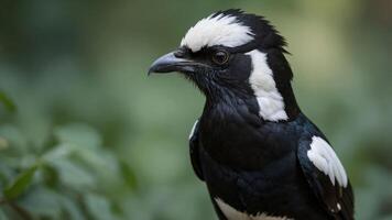 A close-up of a striking black and white bird with a vibrant background. photo