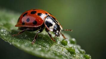 A close-up of a ladybug perched on a green leaf with droplets of water. photo
